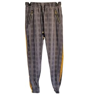 Indero Black White Gray Plaid Joggers With Yellow Side Stripe
